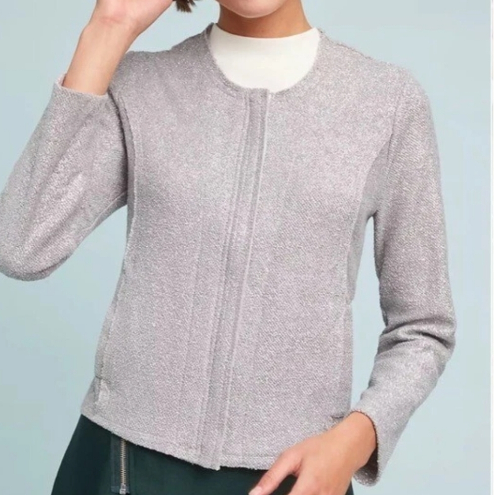 Anthropologie Dolan Silver Metallic Zip Up Cotton Blend Knit Jacket Size XL